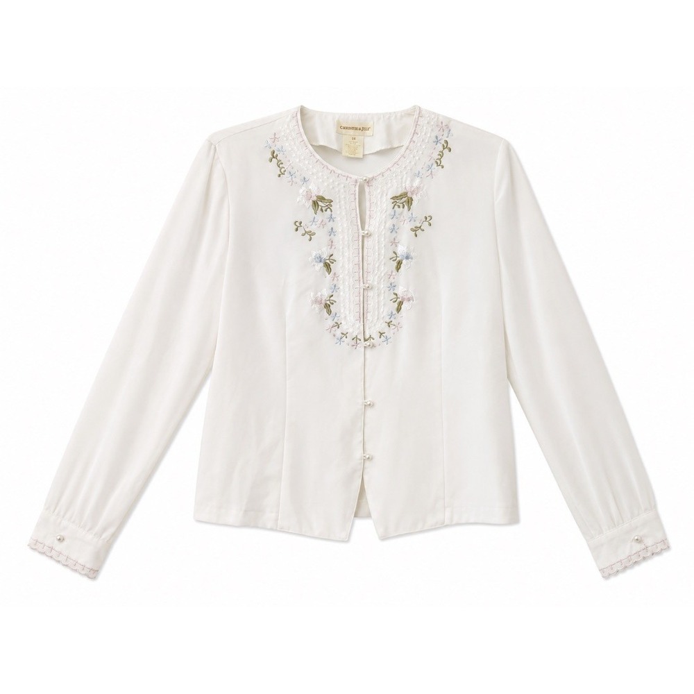 Christie Jill Womens White Floral Embroidered Blouse Top Pearl Button Size 14